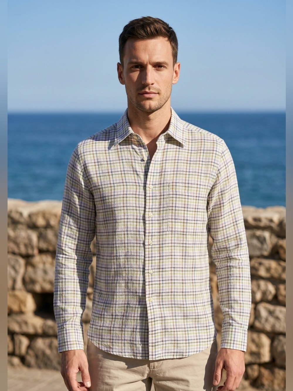 New England Shirt Company 100% Linen Plaid Button Down Shirt USA Made